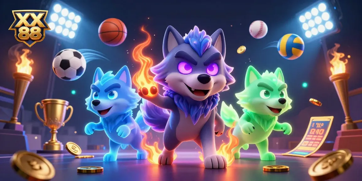 Experience the excitement of XX 88 with vibrant 3D wolves amidst dynamic sports betting elements.
