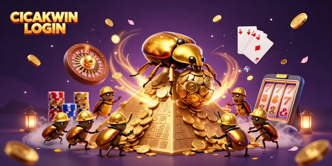 Engage with CICAKWIN LOGIN and win with golden beetles rolling coins and vibrant casino elements.