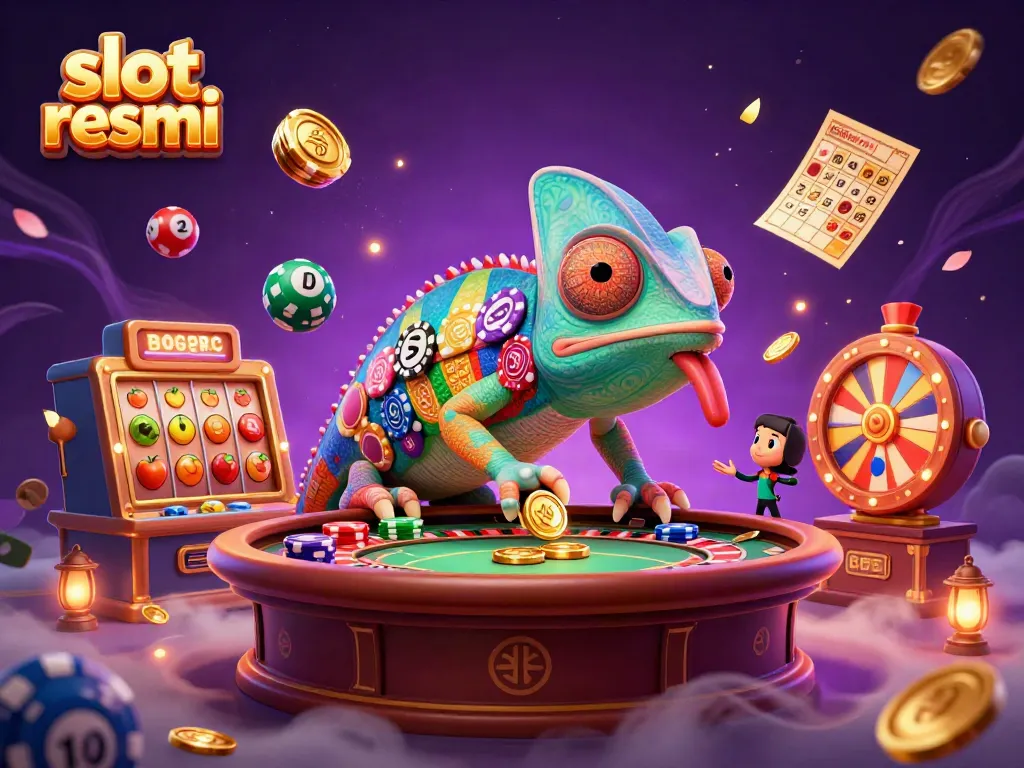 Engaging casino scene with the chameleon owner and vibrant slot resmi elements for players.