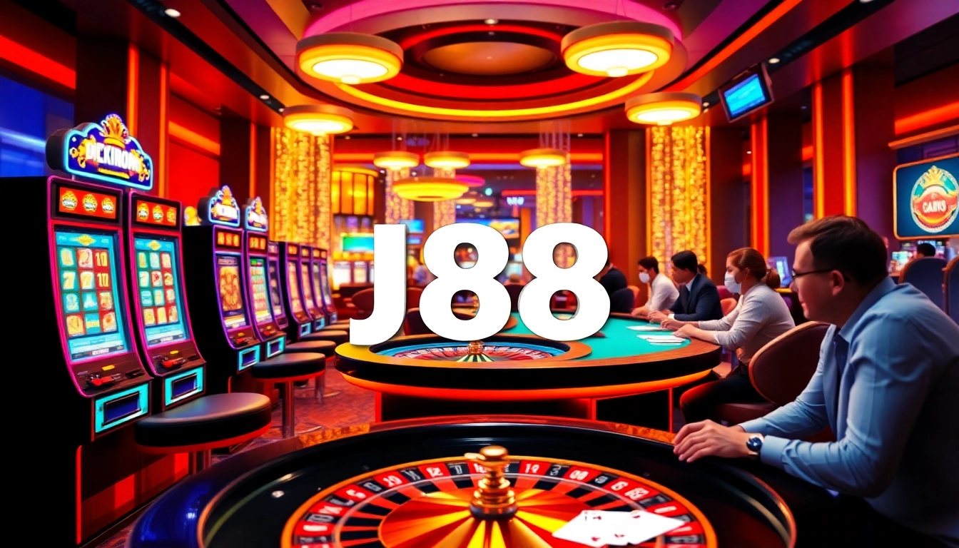 Exciting players engaging with J88 online betting interface in a luxurious casino setting.