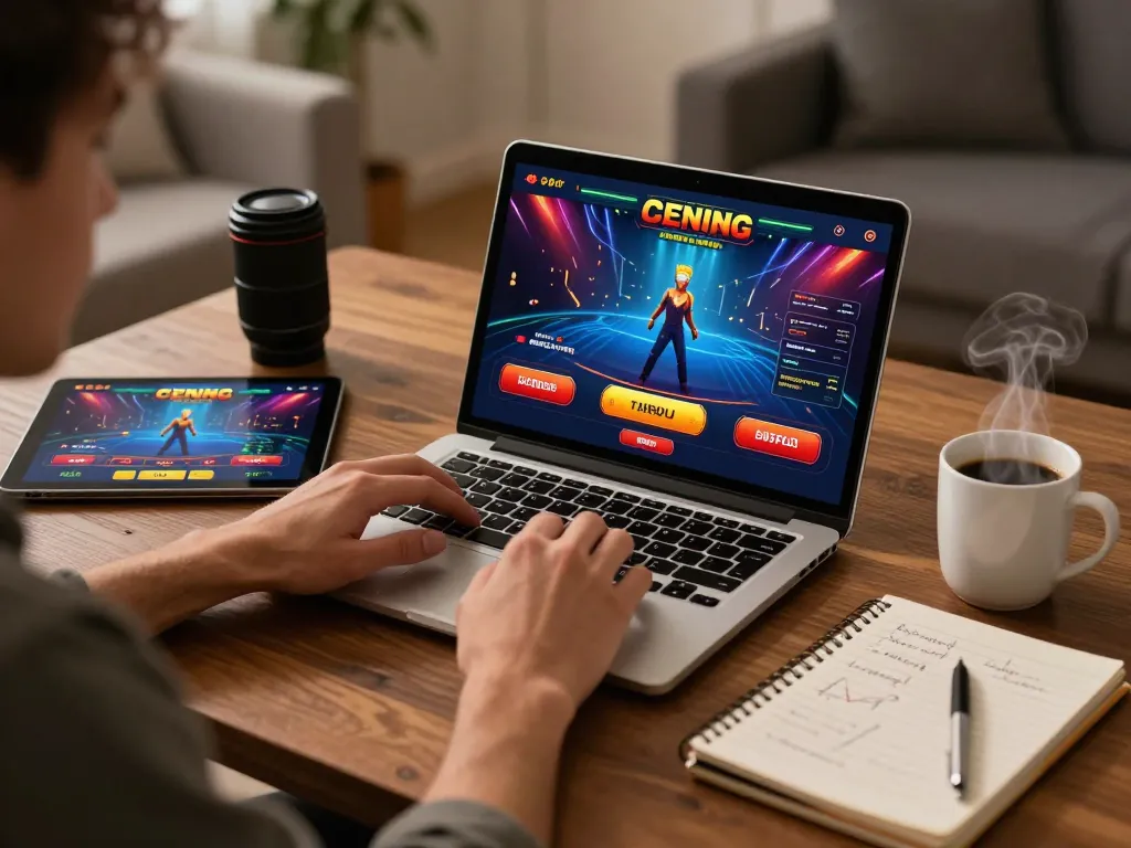 Engaging in online casino gaming on nhà cái kuwin with a laptop and tablet, showing interactive betting.