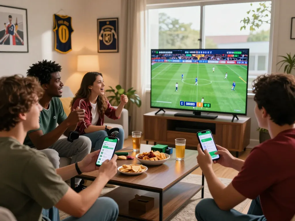 SBOBET sports betting scene with friends enjoying a live match and engaging via mobile app.