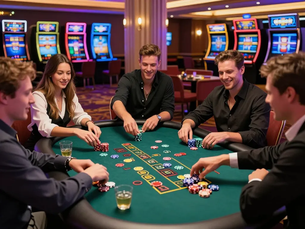 Experience thrilling online gambling at https://32win.agency/ with friends in a vibrant casino setting.