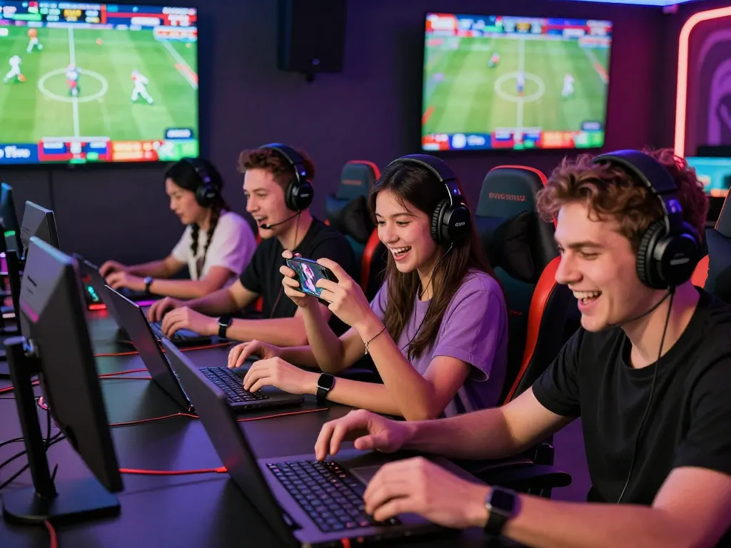 Friends enjoying live sports betting at trang tv88, surrounded by lively gaming environment and modern accessories.