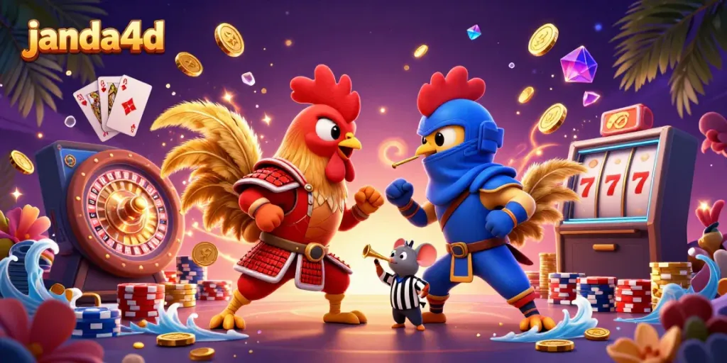 Gambarkan momen bertarung antara janda4d ayam jantan, satu mengenakan baju samurai merah dan yang lain baju ninja biru.