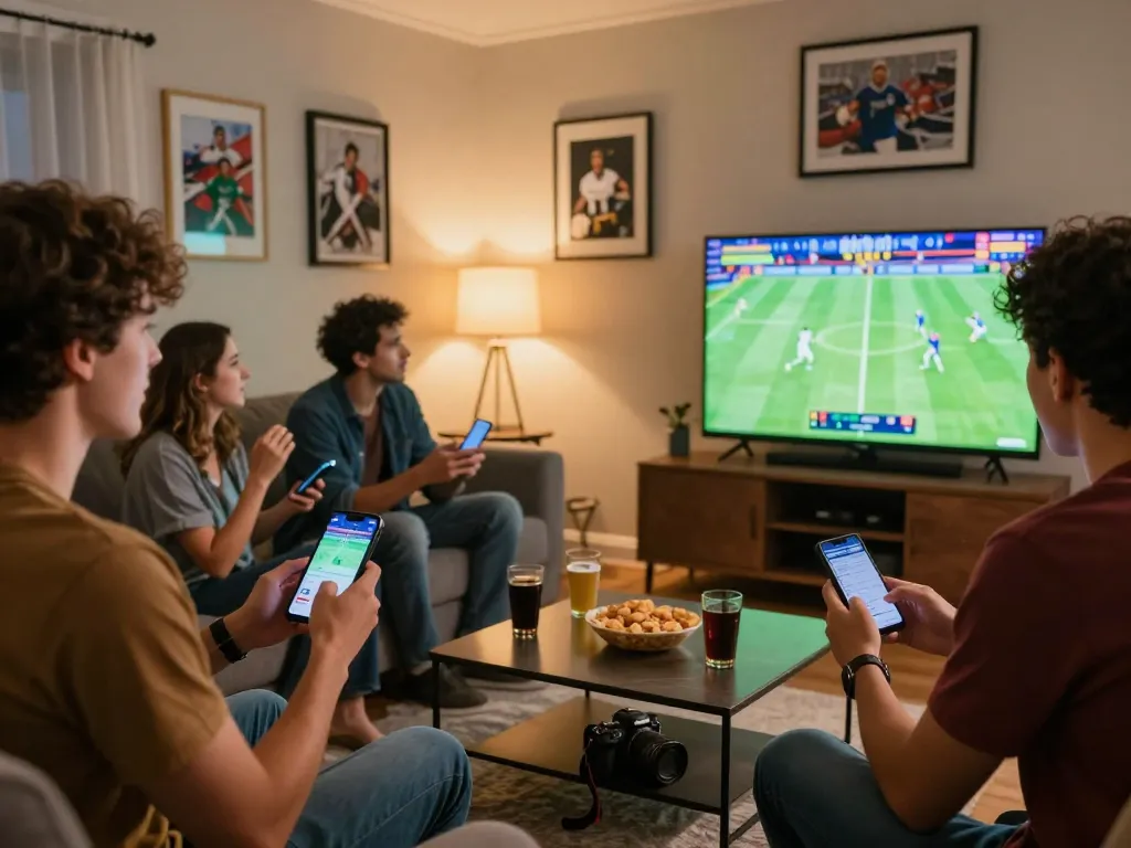 Excited friends using au88 betting apps on smartphones during a live sports event.