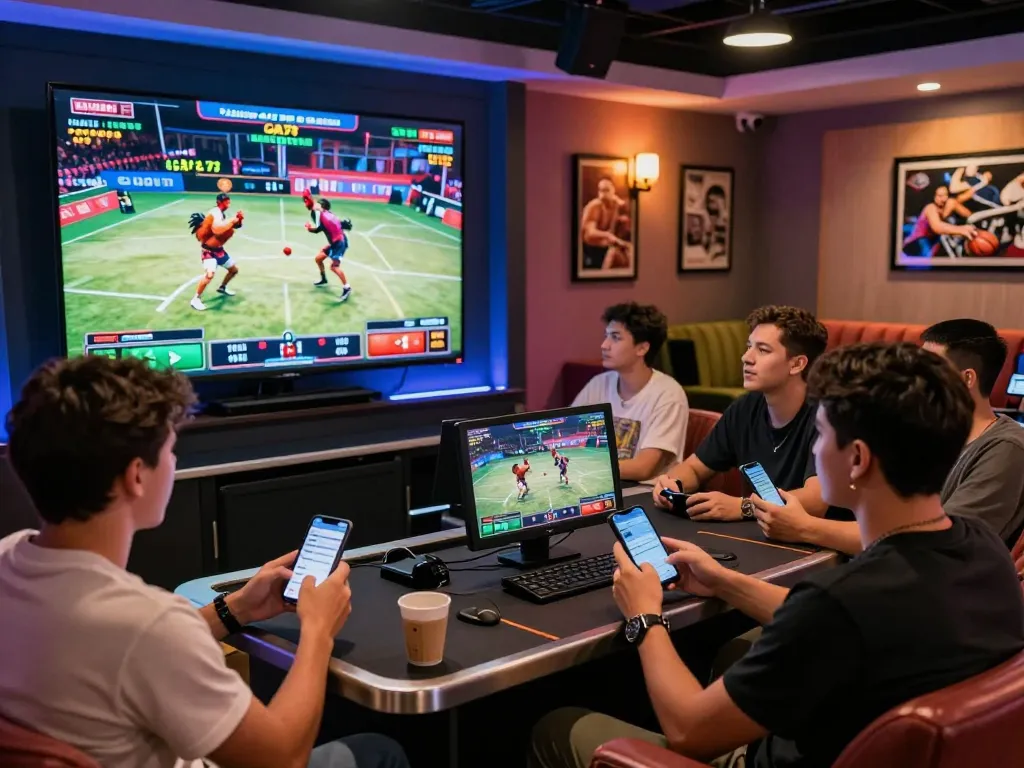 Exciting group of friends engaged in online betting on GA179 during a live chicken fight event, showcasing a lively betting lounge atmosphere.