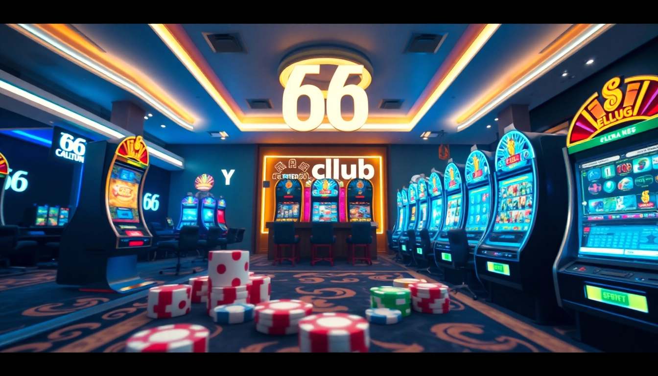 Explore the exciting gaming world of 66club with vibrant visuals of casino games and online betting.