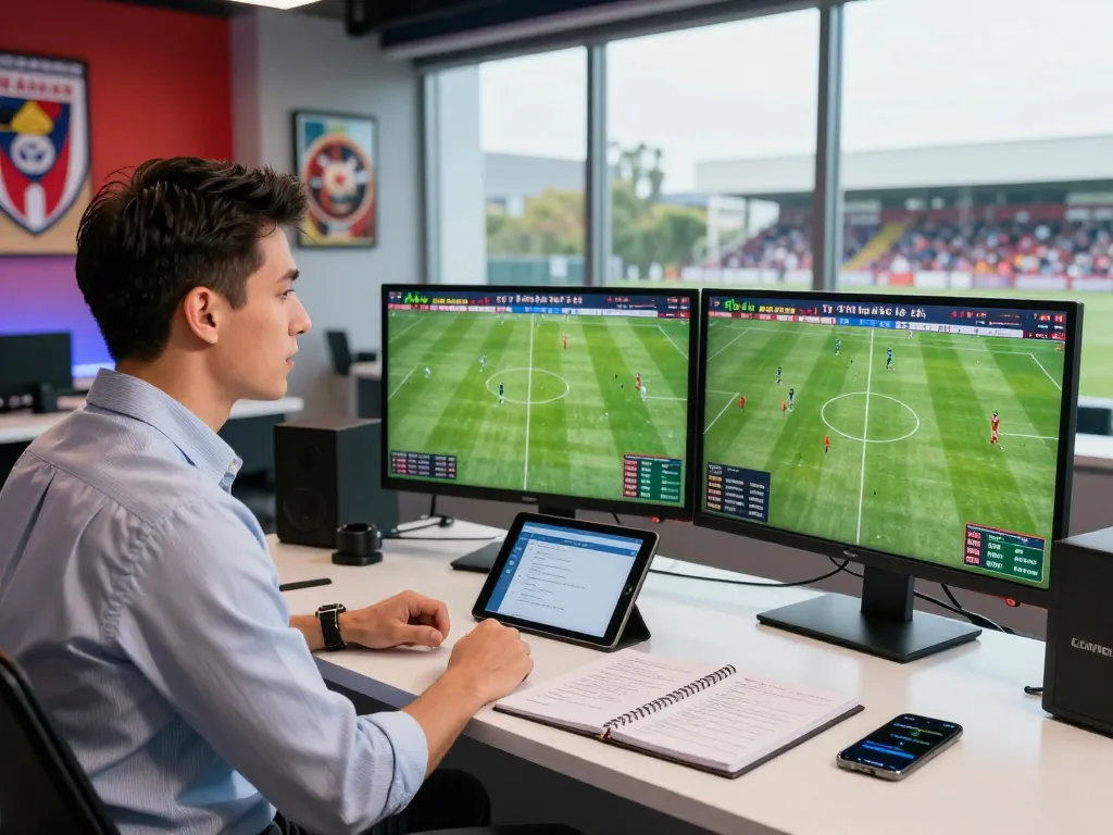 Sports analyst discussing tỷ lệ kèo bóng đá with live statistics in a modern studio.