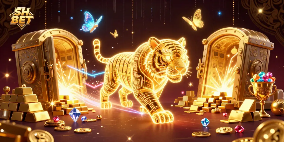 Experience thrilling gameplay at SH BET with a neon-wireframe tiger in a sparkling digital casino scene.