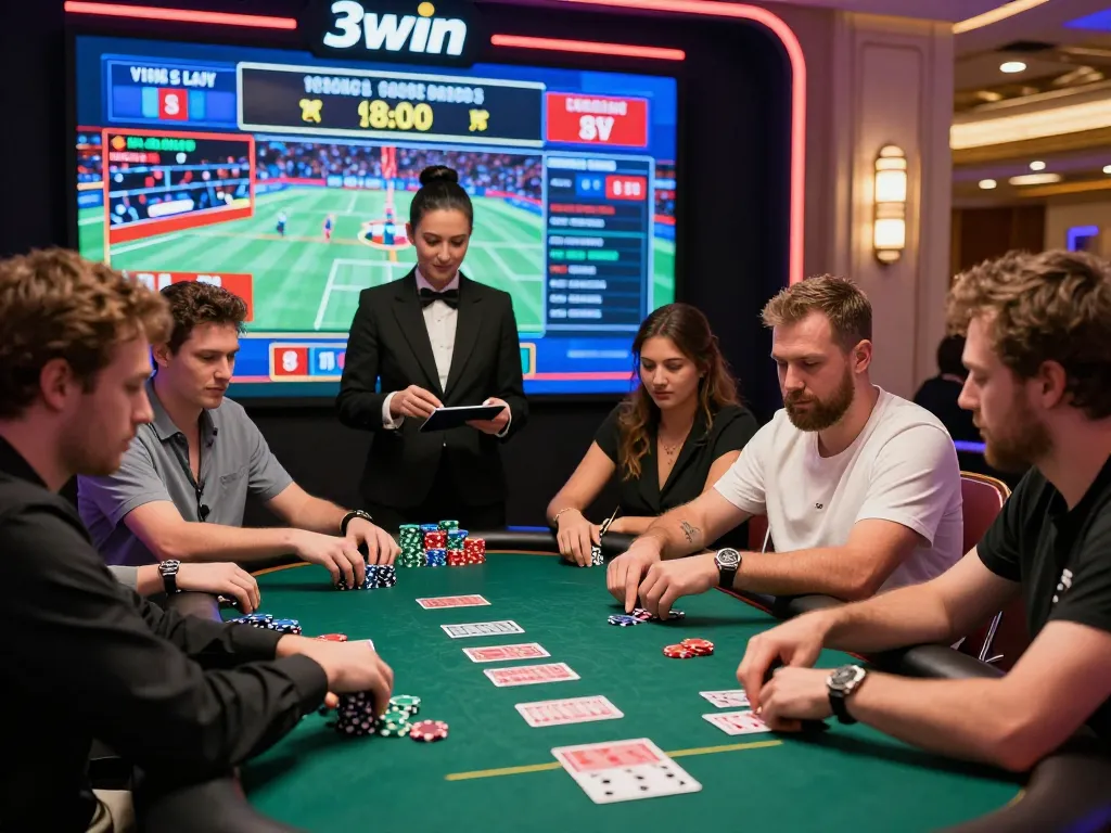 3win live gaming scene with diverse players enjoying poker and casino games.