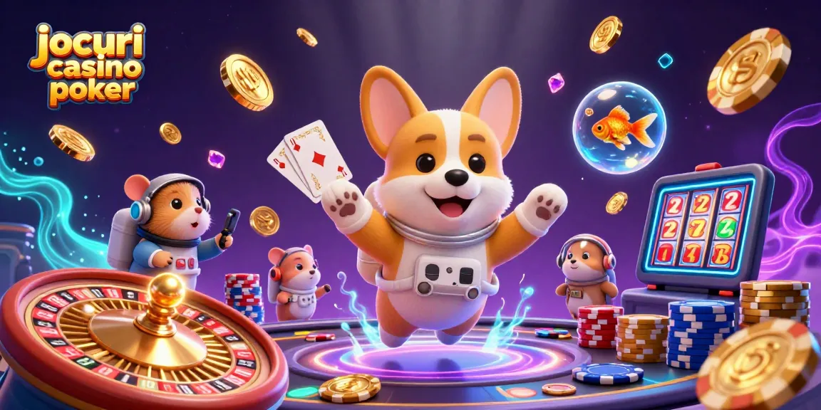 Joacă jocuri casino poker cu divertisment captivant în această ilustrație vibrantă 3D.