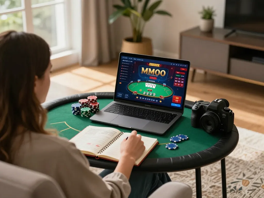 Player enjoying MMOO online gambling on a laptop, with poker chips and strategy notes visible.