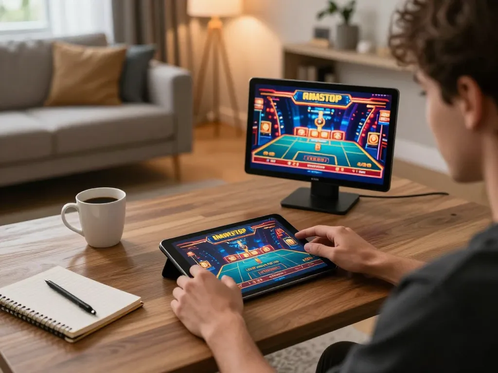 Player enjoying non gamstop gaming on a tablet in a cozy living room setting.