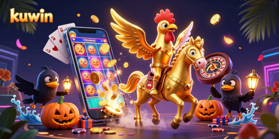 Engage in thrilling slot gaming with kuwin surrounded by dynamic casino elements and vibrant characters.