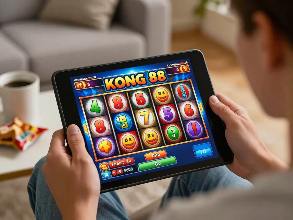 KONG 88 online slots game session showcasing player excitement in a cozy home environment.
