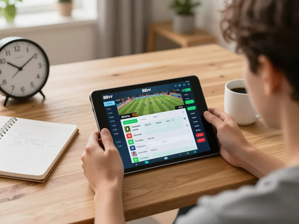 Engaged player using the 88vv platform for dynamic sports betting in a cozy setting