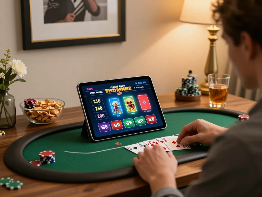 Engaging with nk88 online casino through a tablet in a cozy gaming setup.
