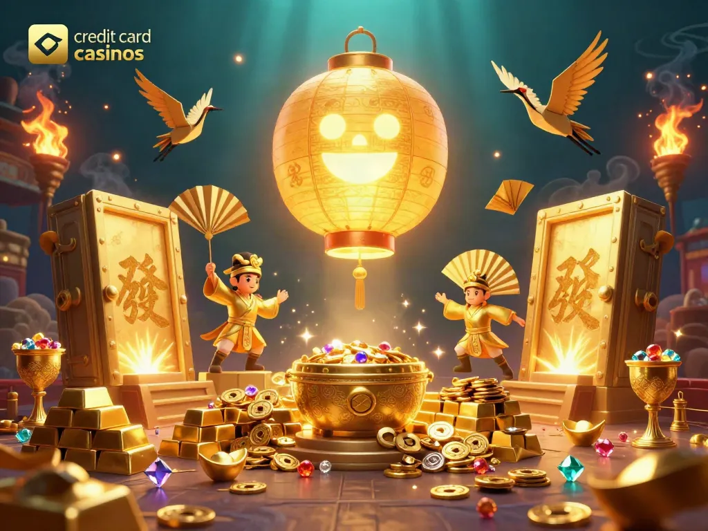 Experience thrilling gameplay at credit card casinos with vibrant characters and dazzling treasures depicted in this illustration.