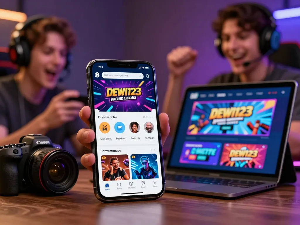 Exciting DEWI123 app features displayed on smartphone in a modern gaming environment.