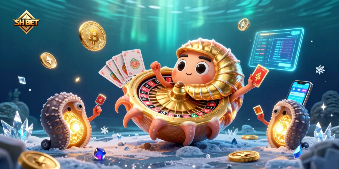 Engage in the exciting SH BET experience with a 3D nautilus roulette wheel and glowing crypto coins.