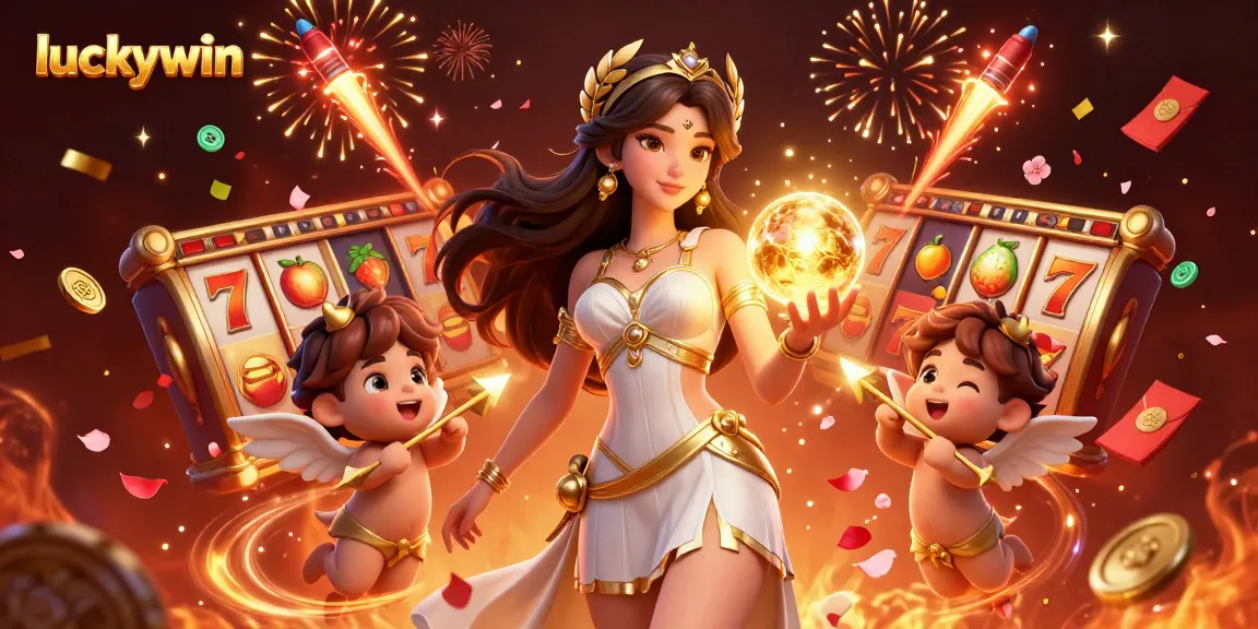 Engage in luckywin gaming with vibrant characters celebrating amidst spinning slot reels and festive elements.