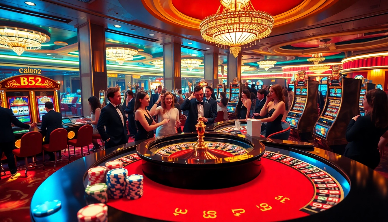 B52 casino scene highlighting players engaging at a vibrant poker table with slots and roulette.