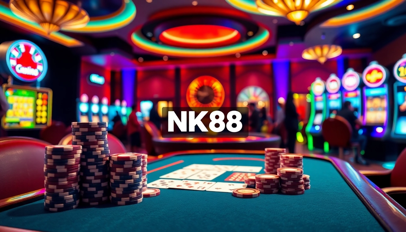 Action-packed gaming moment at NK88 casino, showcasing poker chips and vibrant roulette wheel.