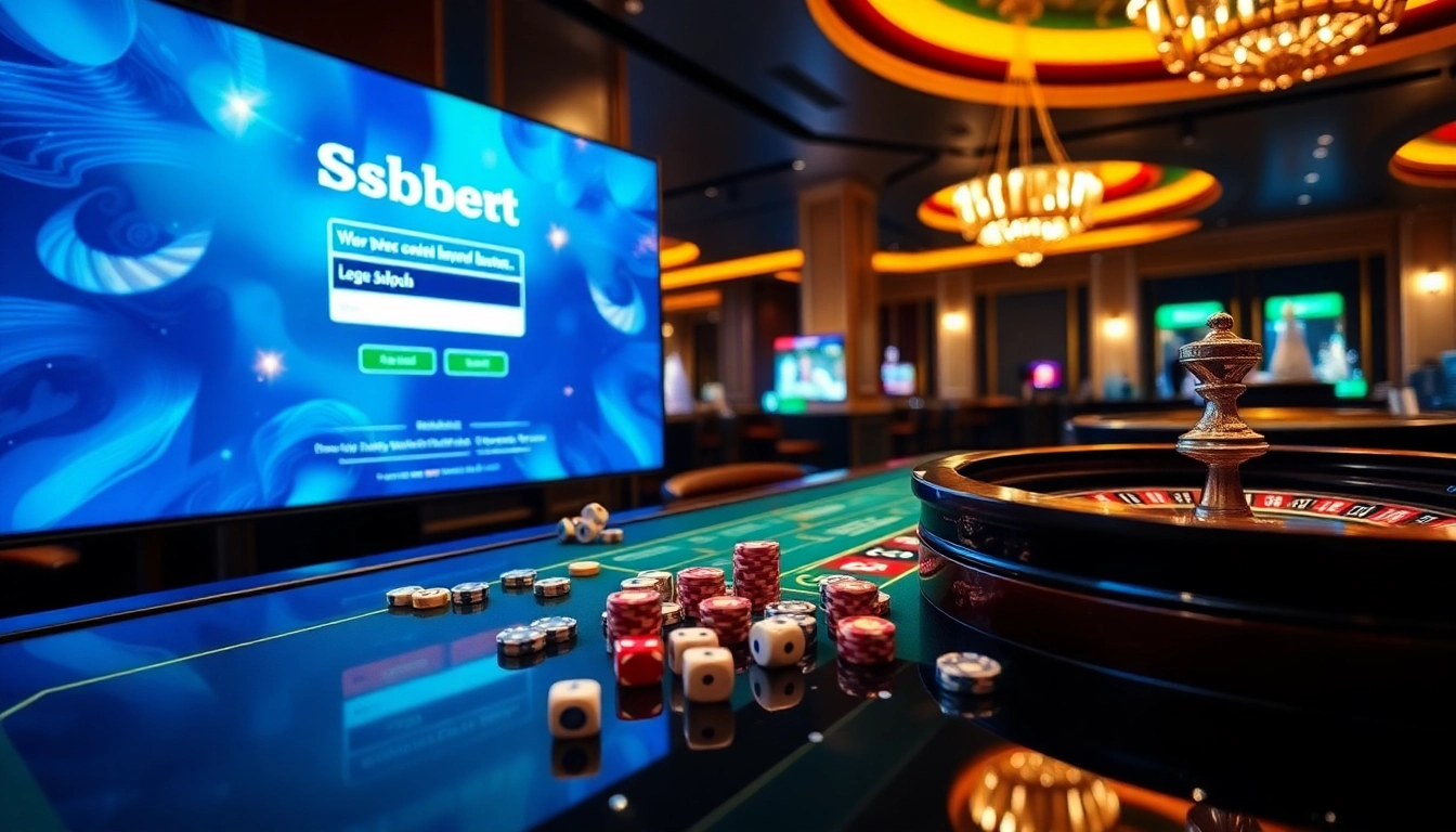 Sbobet login interface displayed on a luxurious casino table with vibrant poker chips and roulette wheels.
