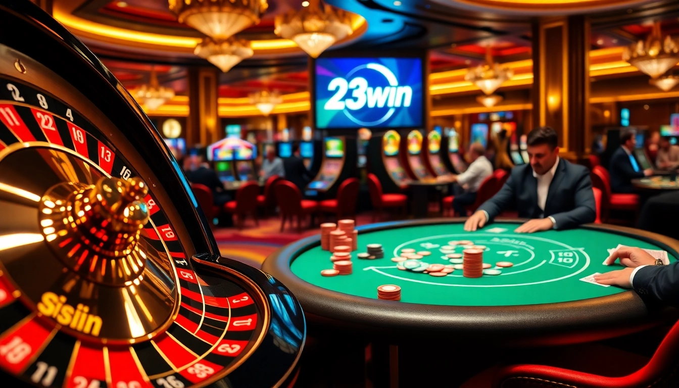 Experience thrilling gameplay at 23win with an exciting casino scene featuring poker chips and a roulette wheel.