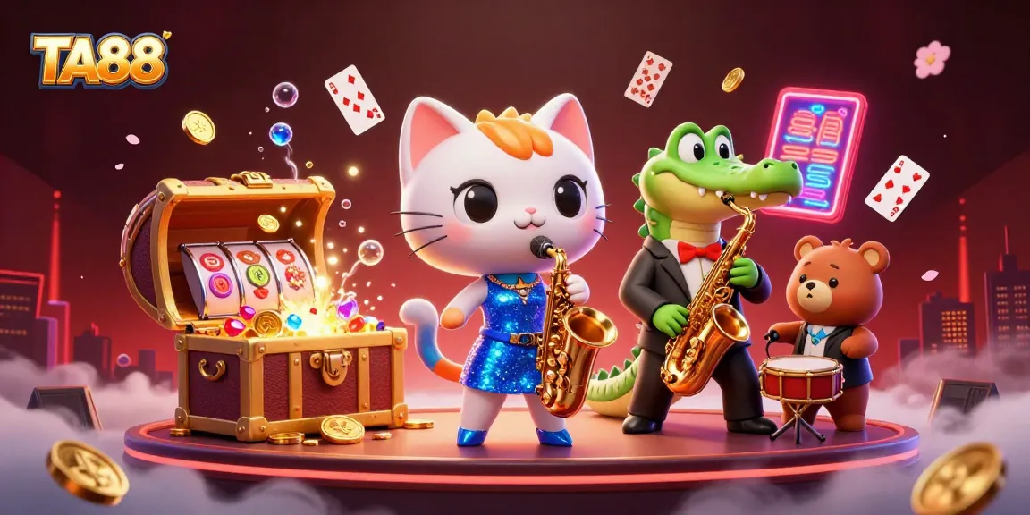 TA88 cat singer belting out tunes surrounded by gold coins and slot reels in a lively casino