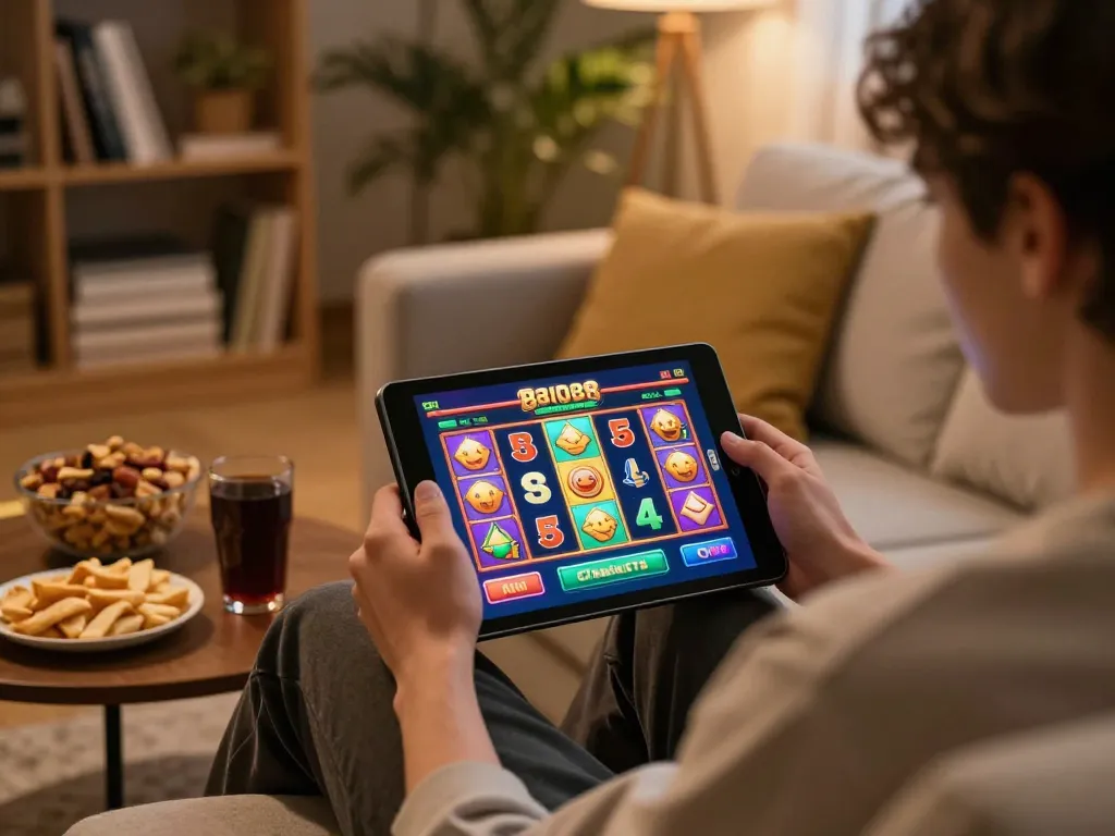 Player engaging with slot88 on a tablet at home, creating a cozy online gaming atmosphere.