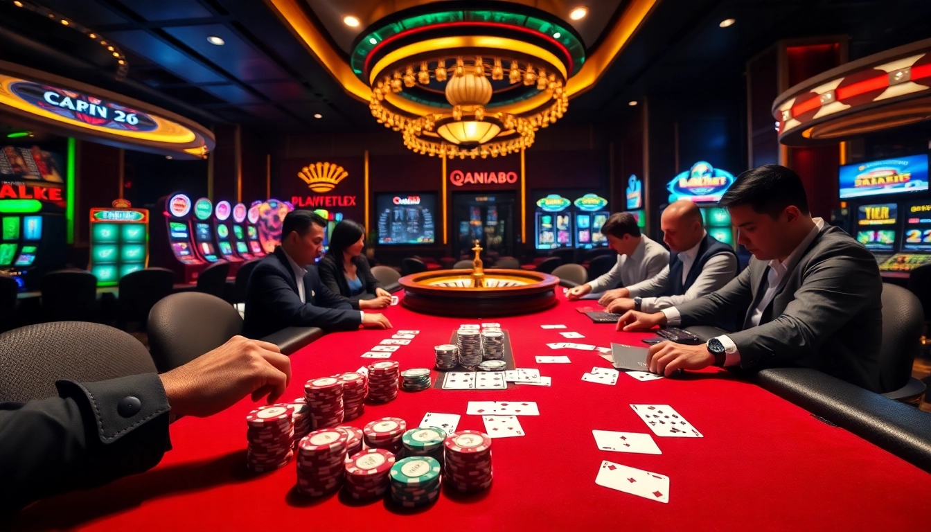 Experience the thrill of qh88 at a vibrant, luxurious casino table filled with chips and cards.