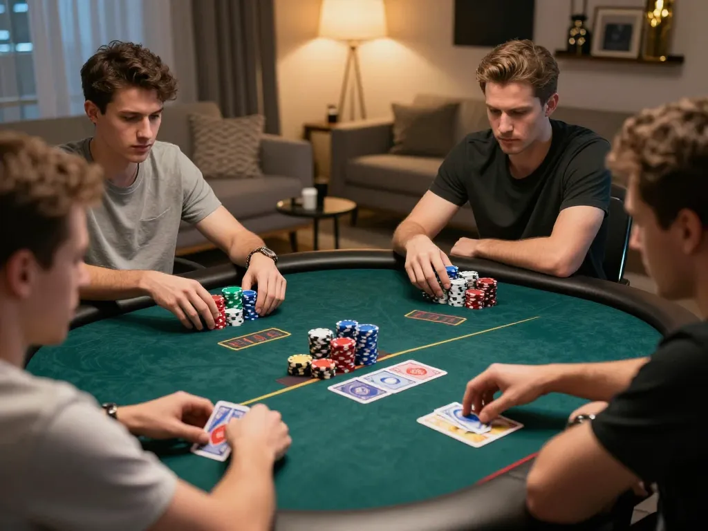 Kuwin players engaging in a tense online poker game at home, emphasizing strategic betting.