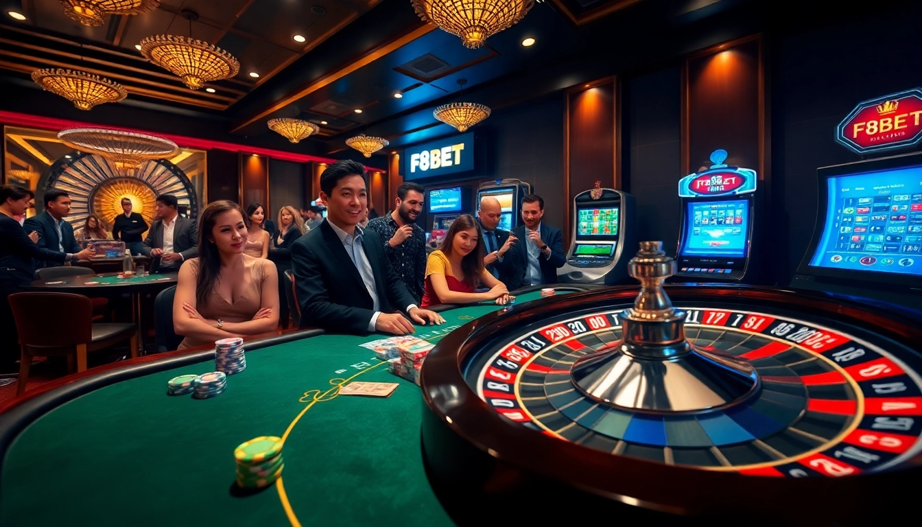 Engaged players at the F8BET poker table, showcasing a thrilling casino atmosphere.
