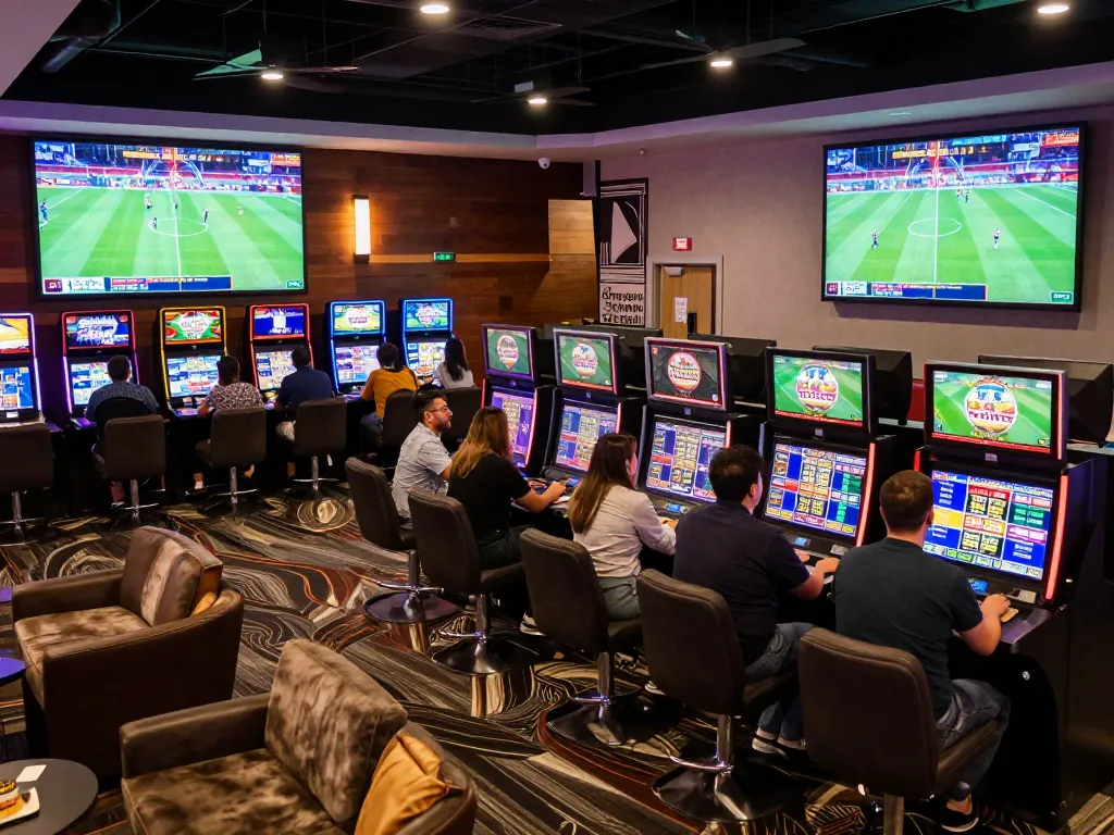 UU88 patrons enthusiastically placing bets in a vibrant sports betting lounge with live screens.