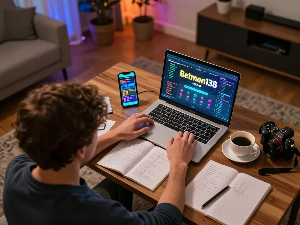 Experience Betmen138 online gaming with a player strategizing at their laptop in a cozy home setting.