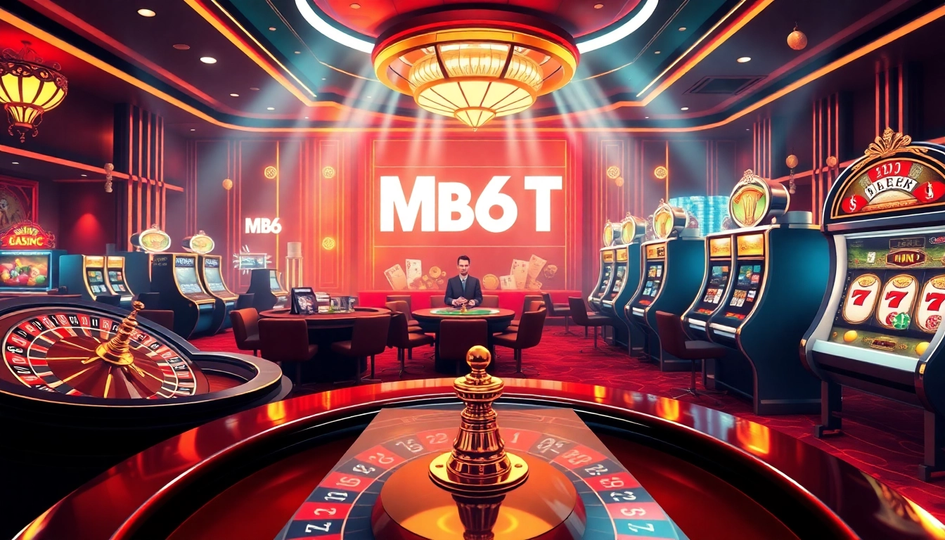 Experience thrilling online gaming at mb66-t.com in a vibrant casino atmosphere with roulette and slots.