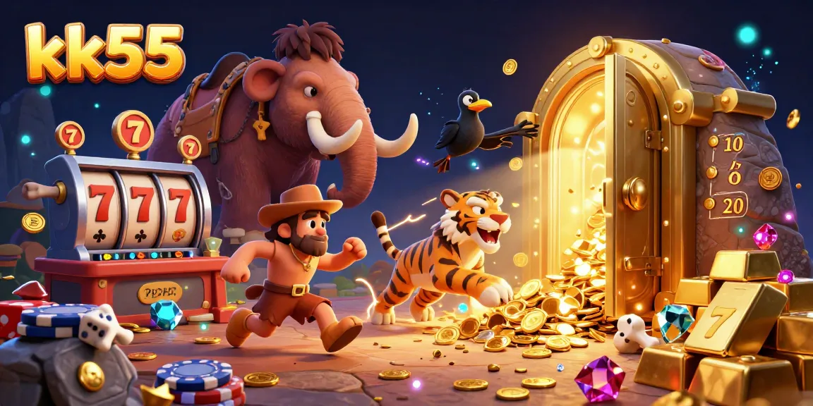 Engage in thrilling gameplay at kk55 with interactive slots and treasures in a vibrant 3D casino scene.