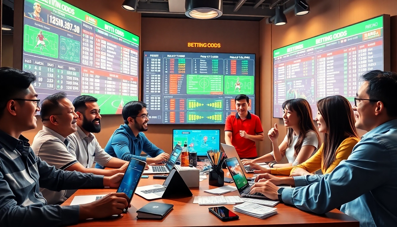 Dynamic scene of individuals analyzing kèo nhà cái in a lively sports betting environment.