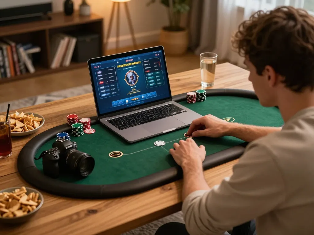 Player engaging with TG88 poker app on laptop, surrounded by snacks and drinks in cozy home setting.