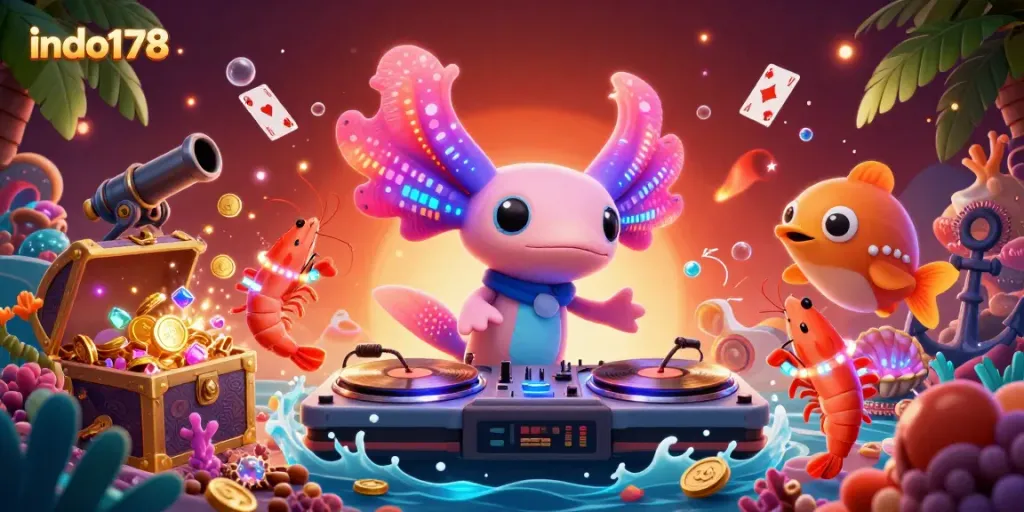 Indo178 features colorful underwater characters engaging with vibrant casino elements, showcasing a festive atmosphere.