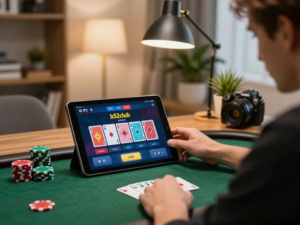 b52club player engaging in a strategic online poker game on a tablet in a cozy home office.