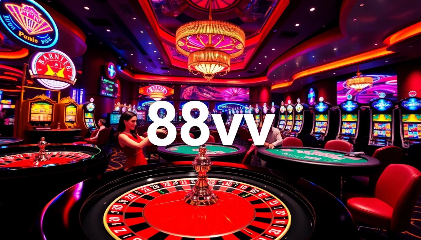 Engaging players enjoy the thrilling atmosphere of 88vv casino with vibrant tables and slot machines.