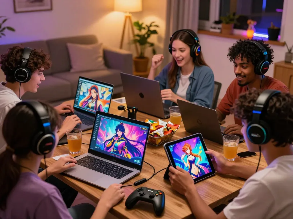 Engaged players exploring various sex games on devices in a cozy gaming environment.