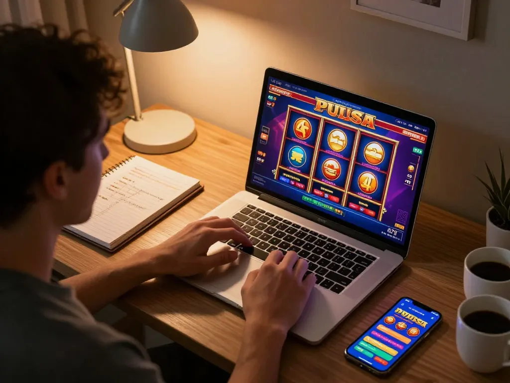 Pemain menang di slot pulsa, berinteraksi dengan grafis kasino online yang penuh warna di laptop.
