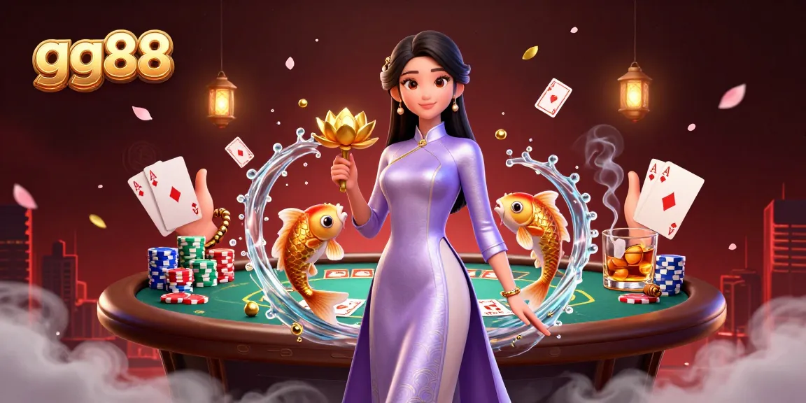 gg88 players enjoying a vibrant poker scene with charming Asian woman and koi fish in 3D