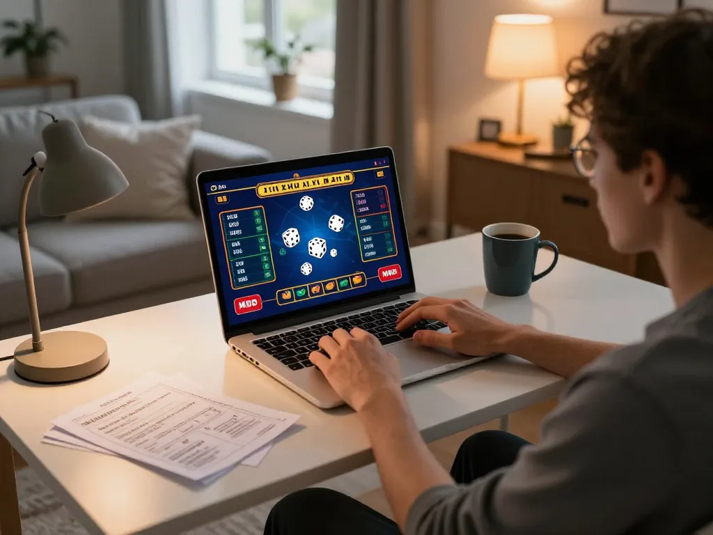 Tài Xỉu MD5 gaming session in a cozy home setup with laptop showing game interface.