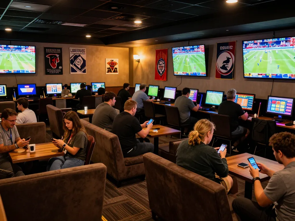 Bettors engaging in kèo nhà cái activities while watching live sports in a vibrant lounge
