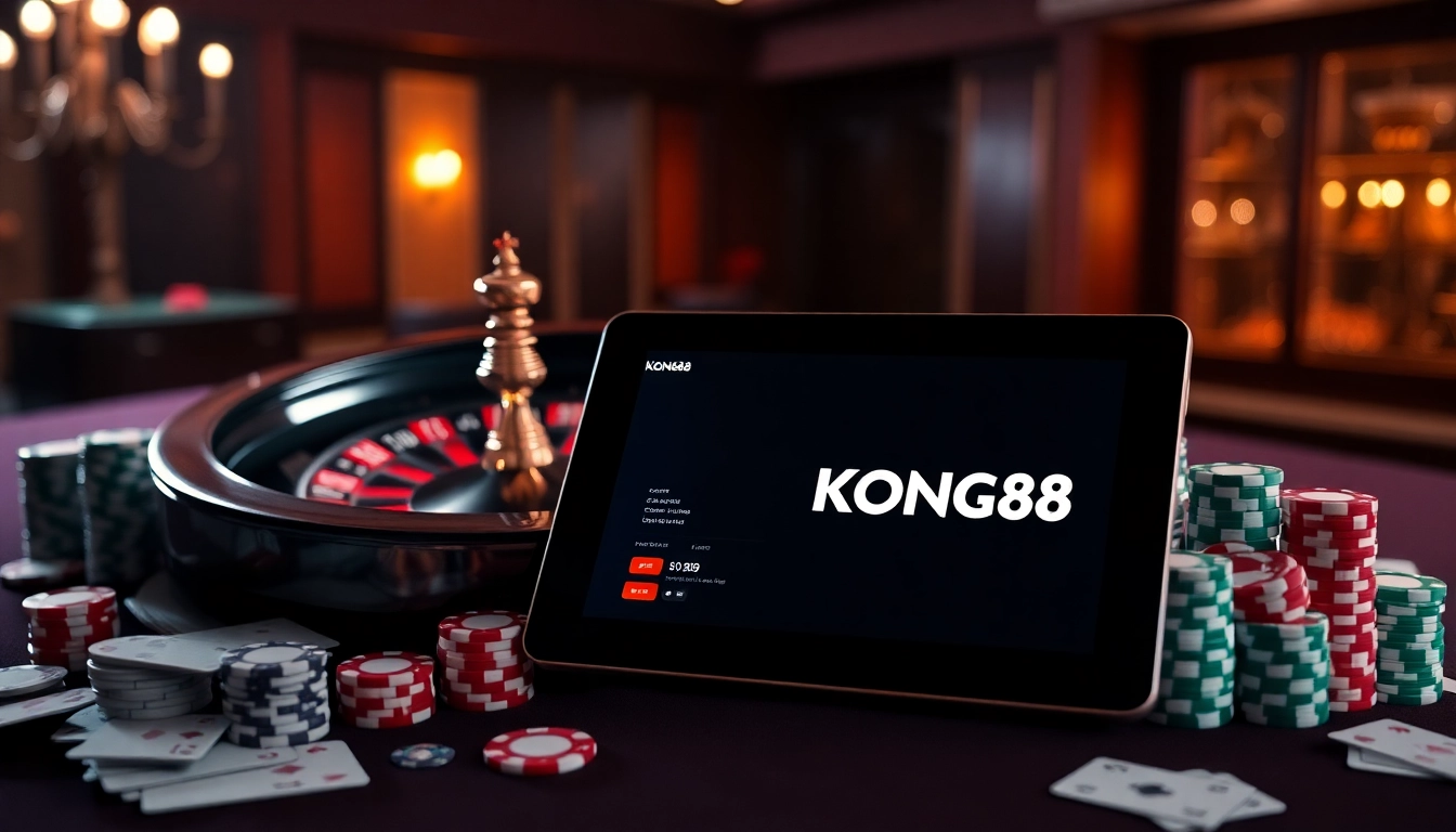 KONG88 branding shines on a tablet within a luxurious casino setting featuring roulette and poker chips.